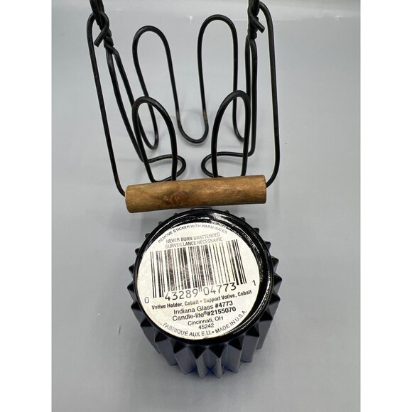 Cobalt Blue Glass Candle Holder With Iron Holder Wood Handle Primitive Look 4.5" - Picture 6 of 15